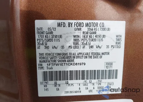 2012 Ford F-150 Lariat из США, поврежденный, VIN 1FTFW1ET1CKD81979